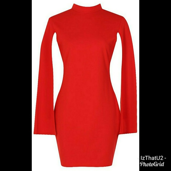 New Red High Neck Split Sleeve Mini Dres - Picture 2 of 3
